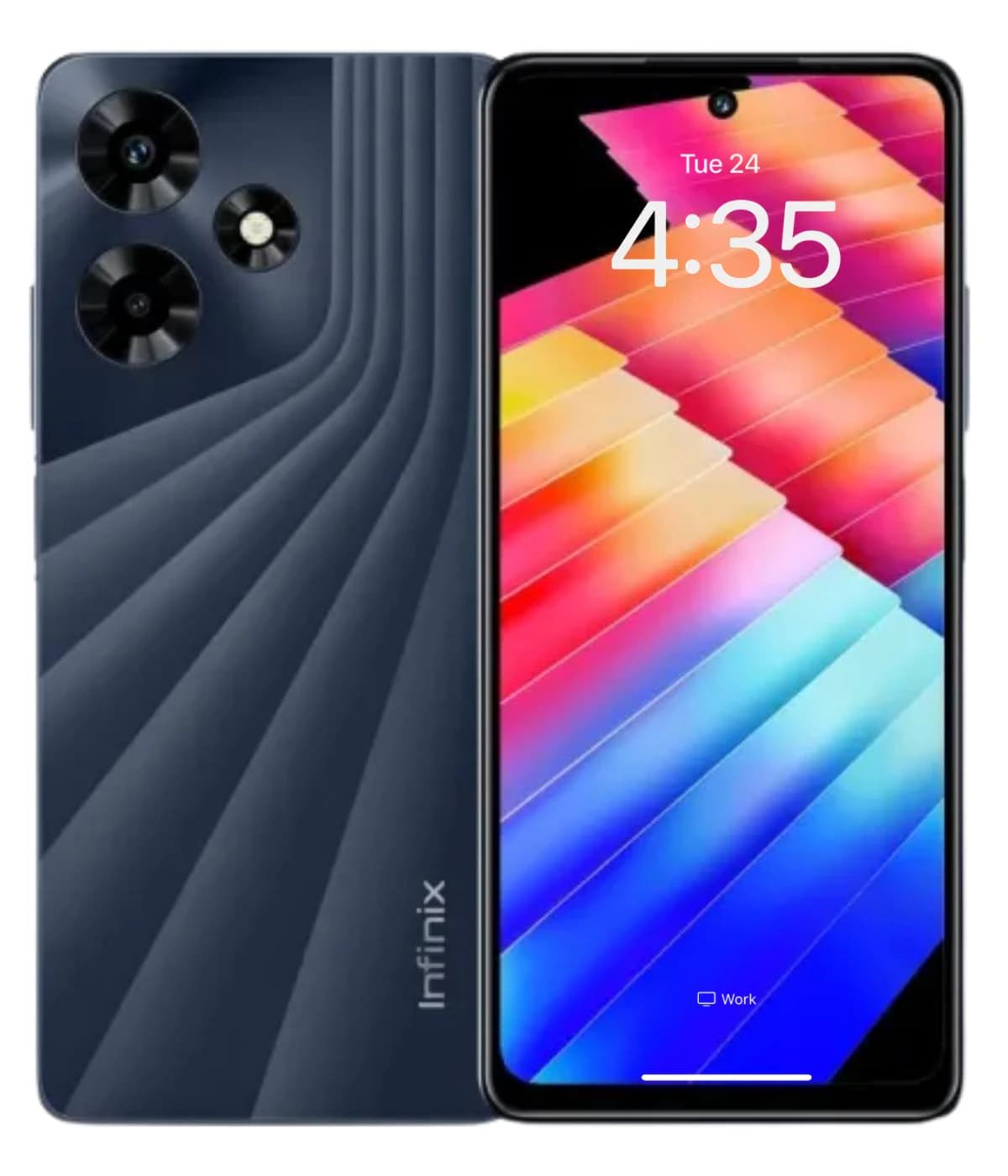 Infinix Hot 30 smartphone featuring a sleek navy blue design with a textured back, triple camera setup, and vibrant display showcasing colorful graphics. Perfect for tech enthusiasts.
