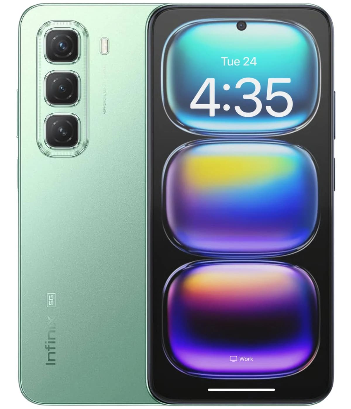 Infinix Hot 50 smartphone in a sleek mint green finish, featuring a triple camera setup on the back and a vibrant dual-display front with a time display. The device showcases a modern design with smooth edges and a glossy surface.