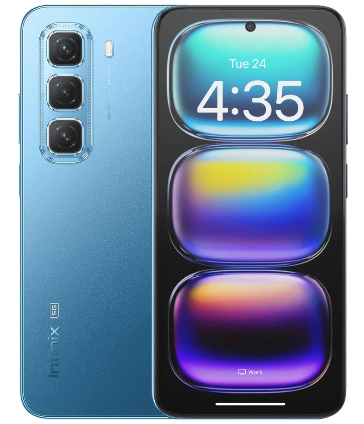 Infinix Hot 50 smartphone in a sleek blue finish, showcasing a vibrant display with rounded edges. Features a triple camera setup on the back and a modern design, perfect for tech enthusiasts. Display shows the time and app icons.