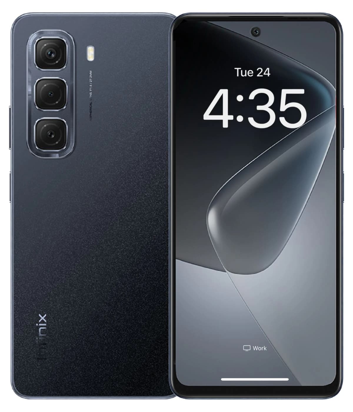 Infinix Hot 50 Pro smartphone in sleek black finish, featuring a triple camera setup on the back and a vibrant display showing the time. The device has a modern design with a glass front and textured back.