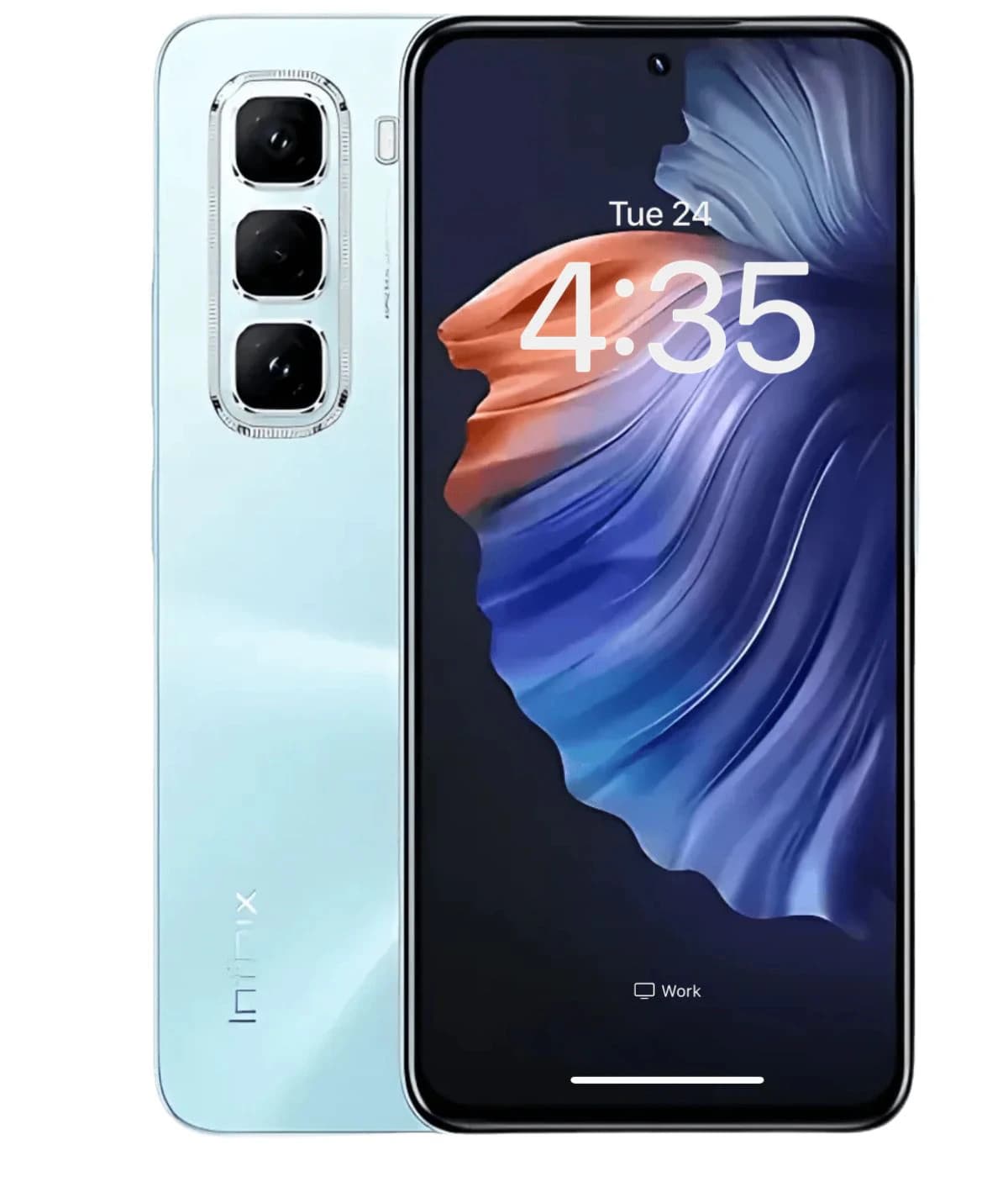 Infinix Hot 50 Pro smartphone in a sleek light blue color featuring a triple camera setup on the back, vibrant display with a colorful wallpaper, and a modern design. The phone is shown from the front and back, highlighting its stylish aesthetics.
