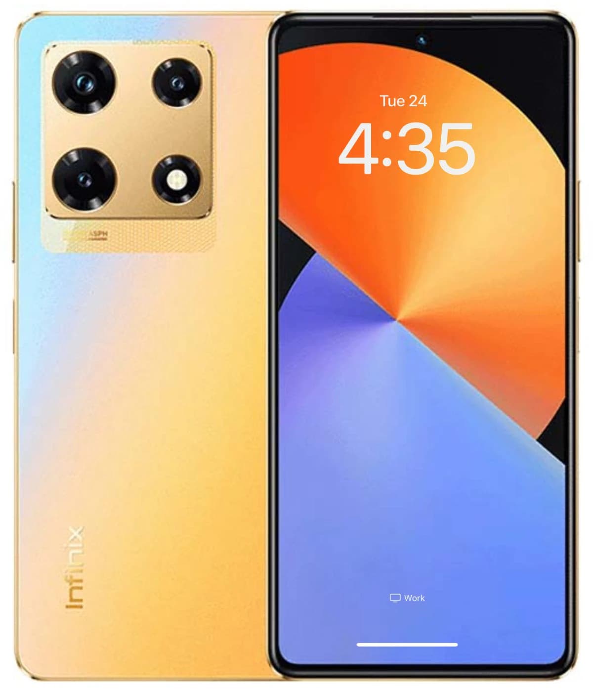 Infinix Note 30 Pro smartphone featuring a stunning gradient gold and blue design. The device showcases a vibrant display with a clock and notification, and a triple-camera setup on the back.
