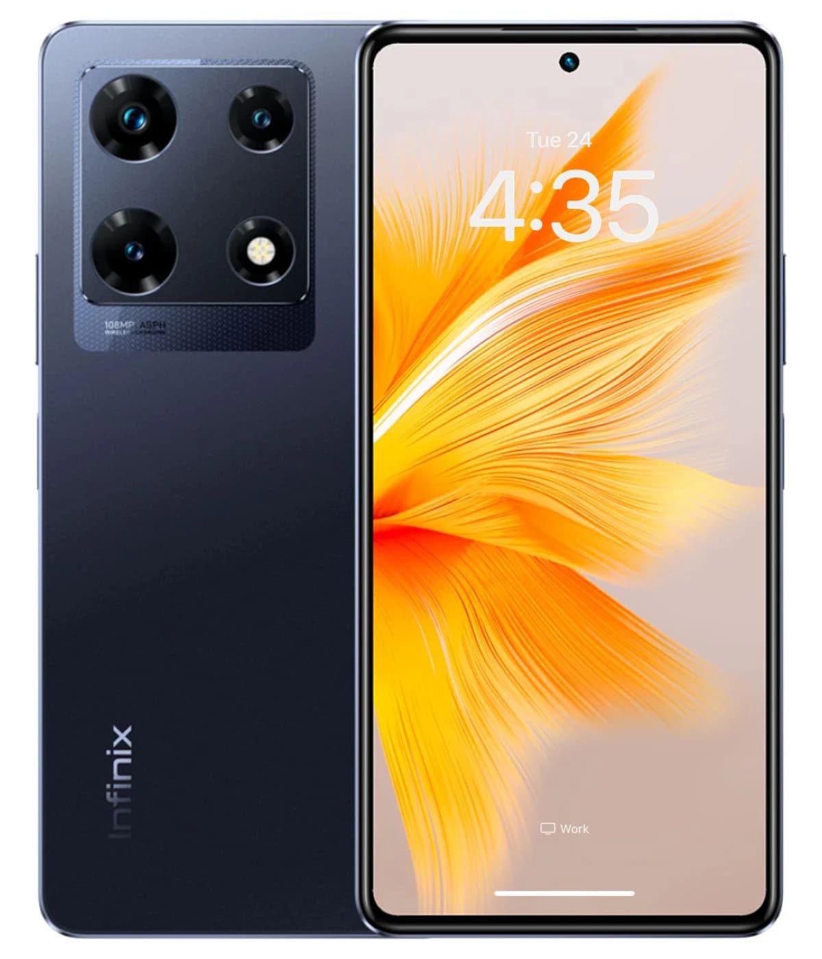 Infinix Note 30 Pro smartphone in sleek black design featuring a 108MP triple camera setup and vibrant display with an orange floral wallpaper. The device showcases a modern aesthetic with a thin profile and minimal bezels.
