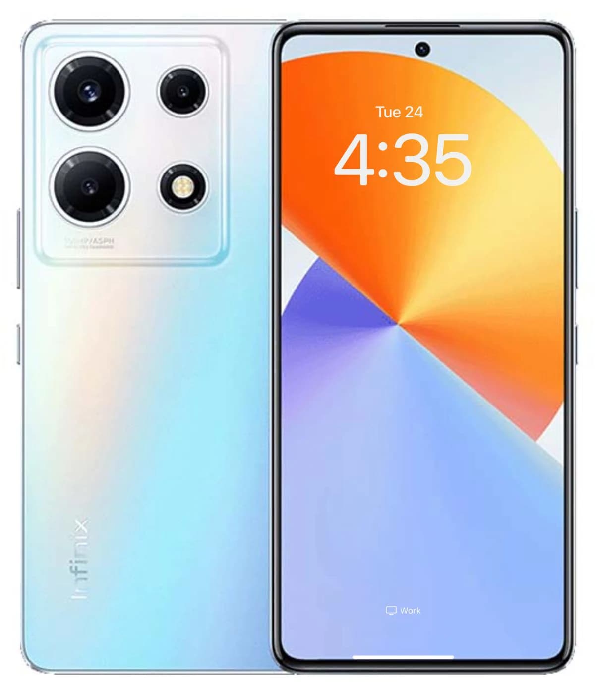 Infinix Note 30 VIP smartphone featuring a sleek design with a gradient blue and white back, triple camera setup, and vibrant display showing time and date. The device is presented in a front view against a plain background.