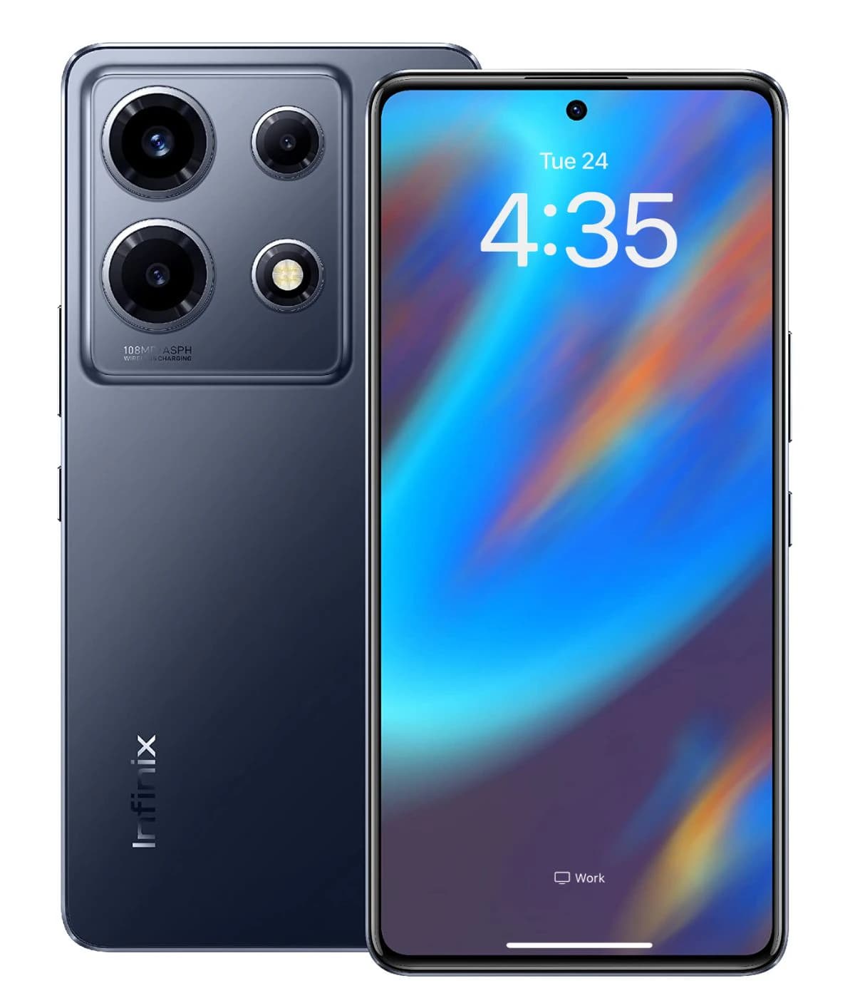 Infinix Note 30 VIP smartphone in sleek dark blue color, featuring a 108MP triple camera setup and vibrant display. The front showcases a stunning edge-to-edge screen with a centered front camera, ideal for photography enthusiasts.