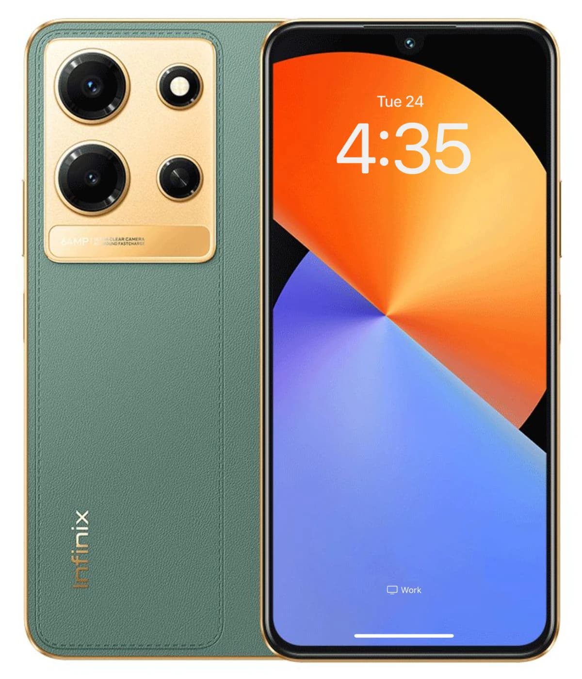 Infinix Note 30i smartphone featuring a stylish green leather back and gold accents, showcasing a vibrant display with a time indicator. The device includes a triple camera setup with a 64MP main camera, designed for modern users.