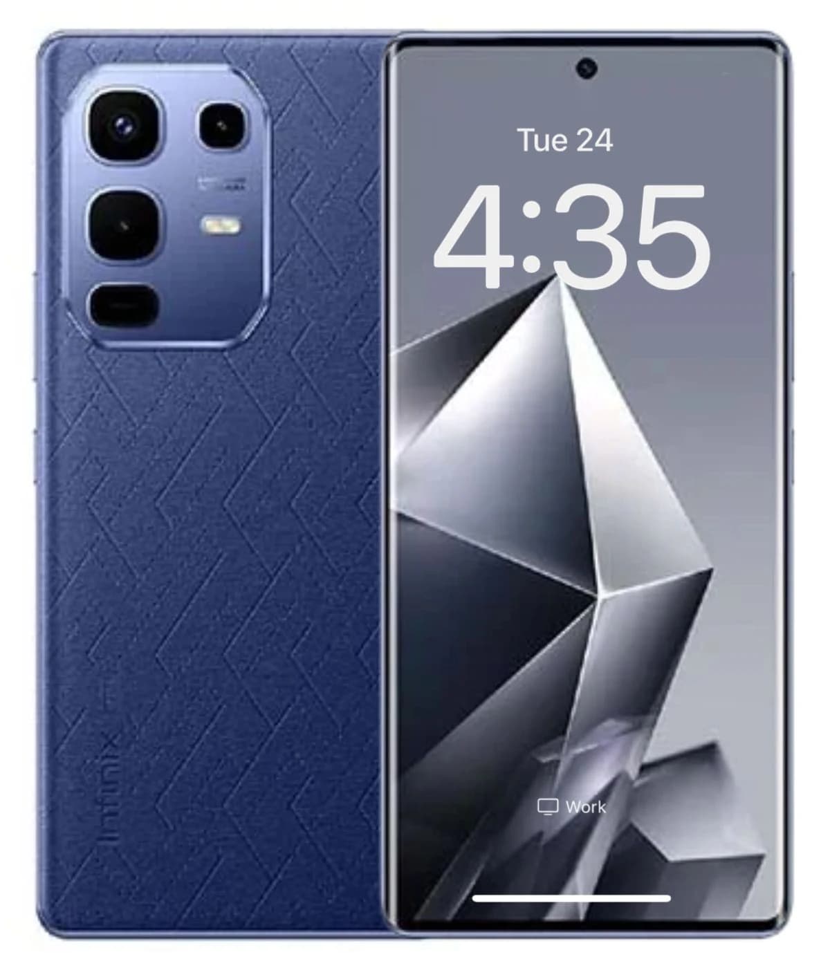 Infinix Note 50s 5G smartphone in navy blue with a textured back, featuring a triple camera setup and a sleek front display showing the time. The device is designed for modern connectivity and style.