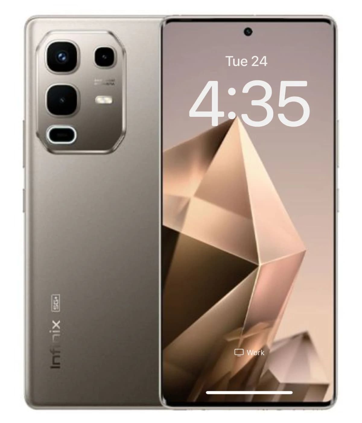 Infinix Note 50s 5G smartphone in elegant gold color, showcasing a sleek design with a triple camera setup on the back and a vibrant display featuring a geometric wallpaper. The device is presented in a front view against a plain background.