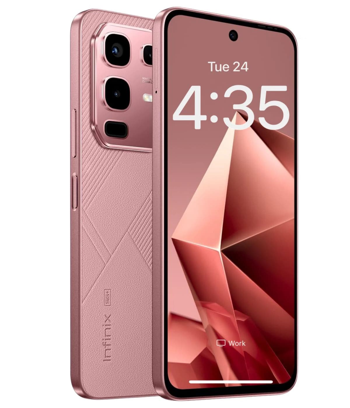 Infinix Note 50x smartphone in a stylish rose gold finish, featuring a sleek design with a textured back and triple camera setup. Display shows time and geometric wallpaper, highlighting its modern aesthetics.