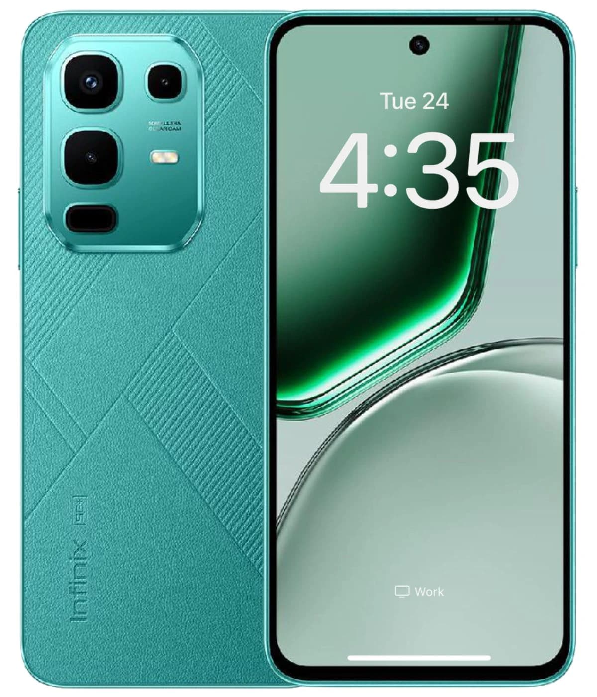 Infinix Note 50x smartphone in turquoise color featuring a sleek design, triple camera setup, and vibrant display. The back showcases a textured finish with the Infinix logo, highlighting its modern aesthetics.