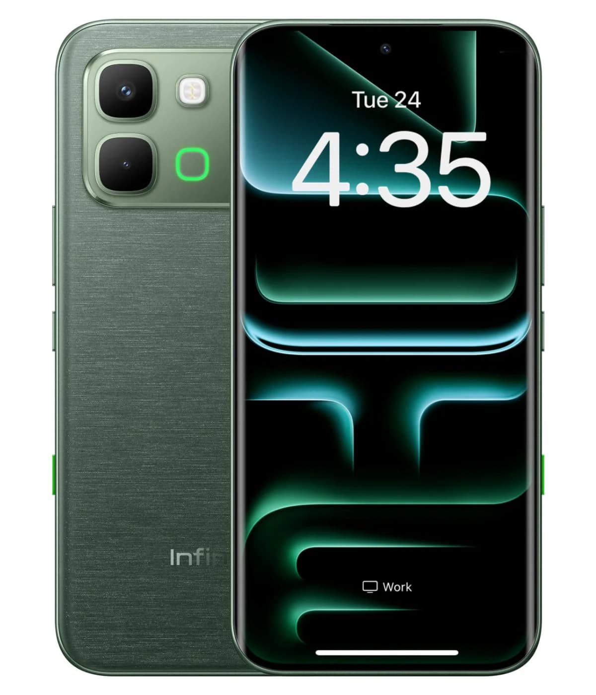 Infinix Note 60 Edge 5G smartphone in a sleek green finish, featuring dual rear cameras and a vibrant display showing the time. The device has a brushed metal texture and a modern design with a green accent on the side.