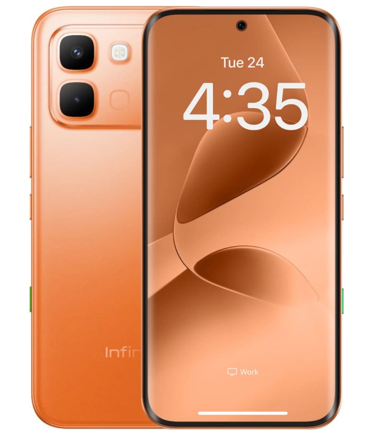 Infinix Note 60 Edge 5G smartphone in vibrant orange color, showcasing a sleek design with dual rear cameras and a front display featuring a circular camera cutout. The device is displayed against a plain background, highlighting its modern…