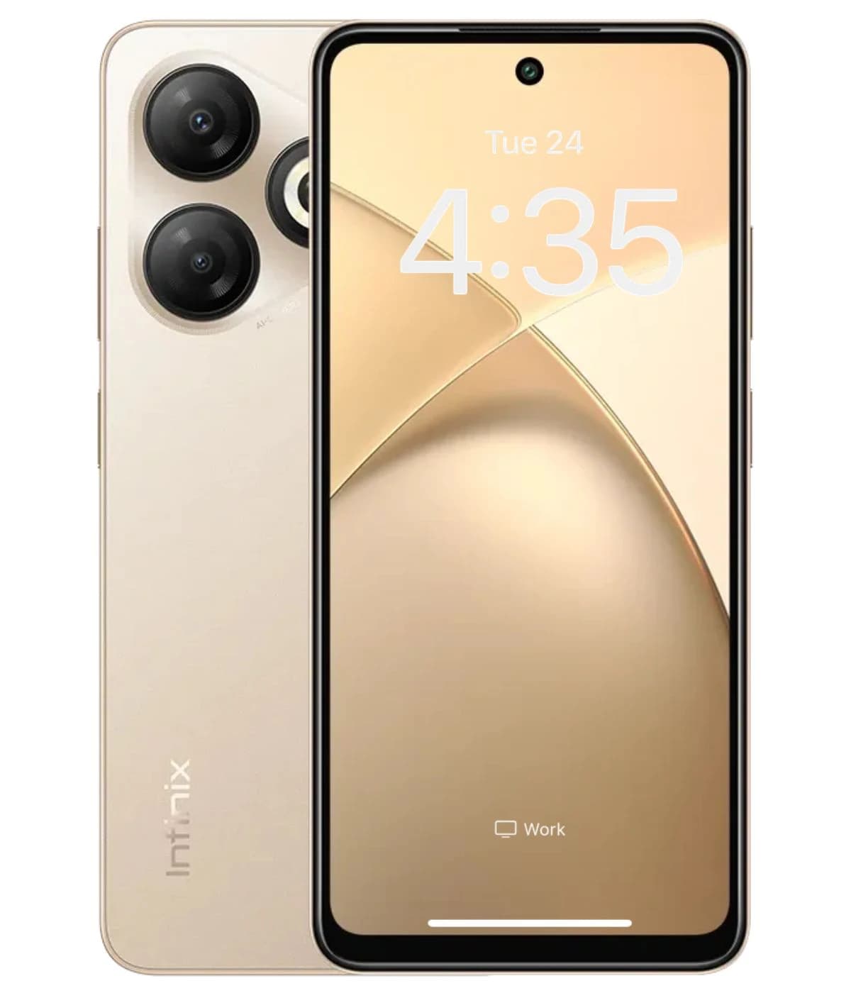 Infinix Smart 10 HD smartphone in gold color with a sleek design, featuring a large display and dual rear cameras. The front shows the screen with time and notification icons, highlighting its modern aesthetic.