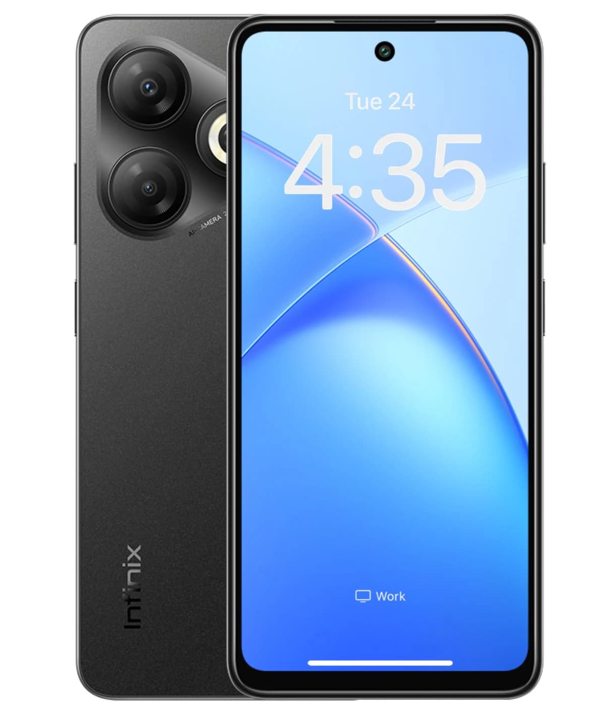 Infinix Smart 10 HD smartphone in sleek black design, featuring dual rear cameras and a vibrant display showing the time and app interface. The device showcases a modern aesthetic with a slim profile.
