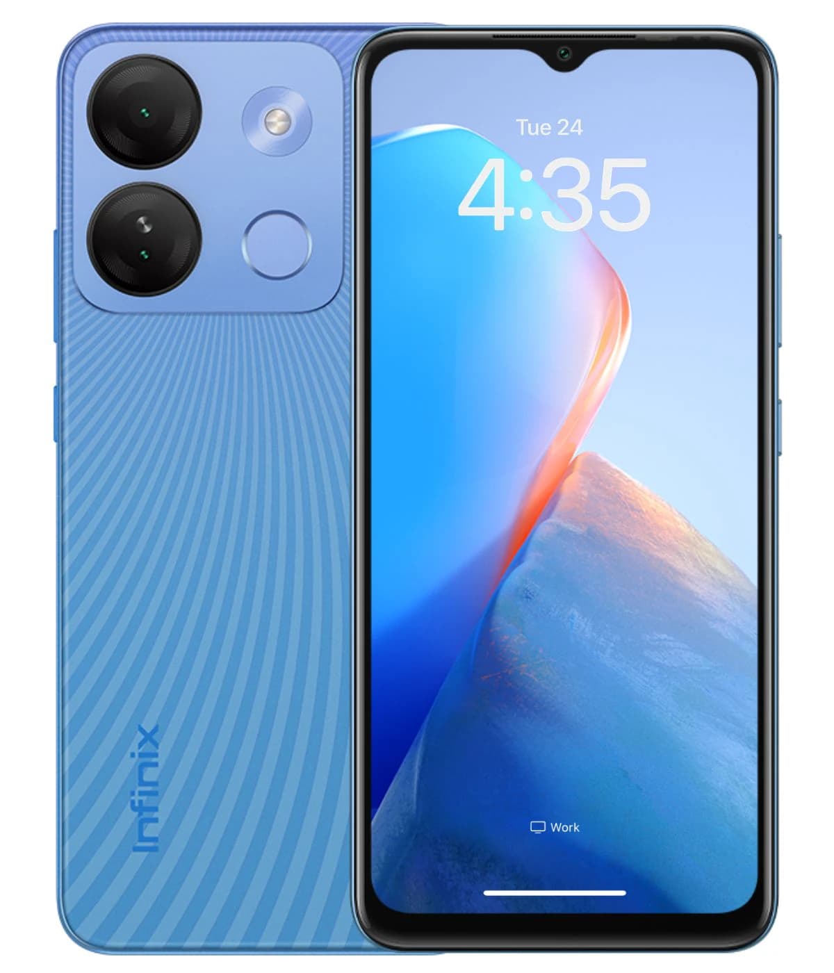 Infinix Smart 7 HD smartphone in a vibrant blue color featuring a dual-camera setup and a sleek design. The front displays a clear screen with the time and date, showcasing its modern aesthetic. The back has a textured pattern and the Infinix logo.