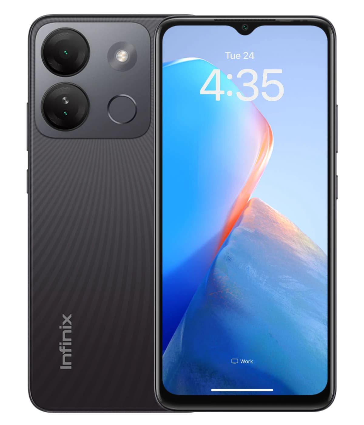 Infinix Smart 7 HD smartphone featuring a sleek black design, dual rear cameras, and a vibrant display showing the time. The device has a textured back for better grip and a modern aesthetic.