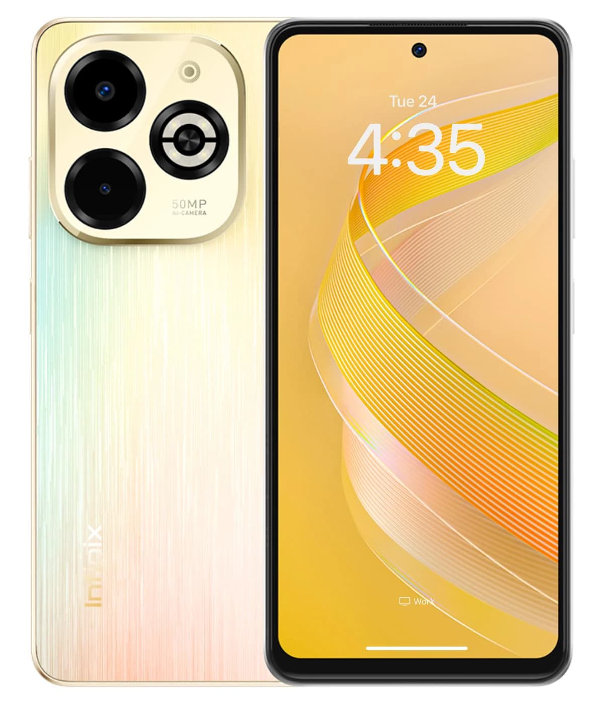 Infinix Smart 8 Plus smartphone featuring a stunning gradient design in pastel colors, equipped with a 50MP AI camera, showcasing a vibrant display with time and date on the screen.