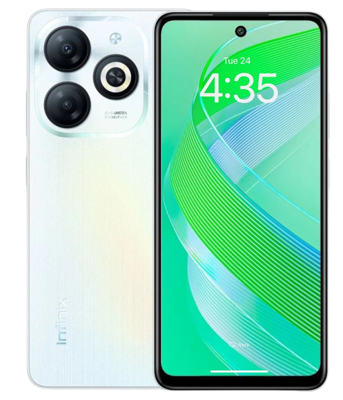 Infinix Smart 8 Plus smartphone featuring a sleek design with a glossy white back, dual rear cameras, and a vibrant green and blue display. The device shows the time and date on the screen, highlighting its modern aesthetics.
