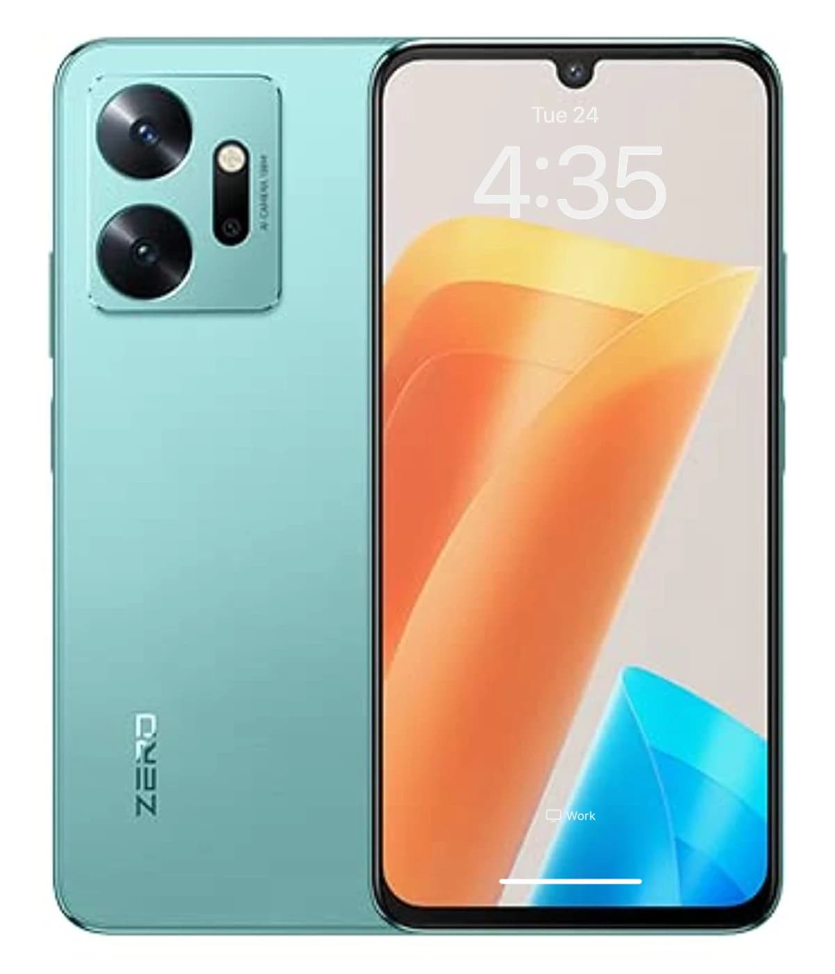 Infinix Zero 20 smartphone in a stunning aqua blue color, featuring a dual-camera setup on the back and a vibrant display with a notch design. The screen shows the time 4:35, highlighting its modern aesthetics.