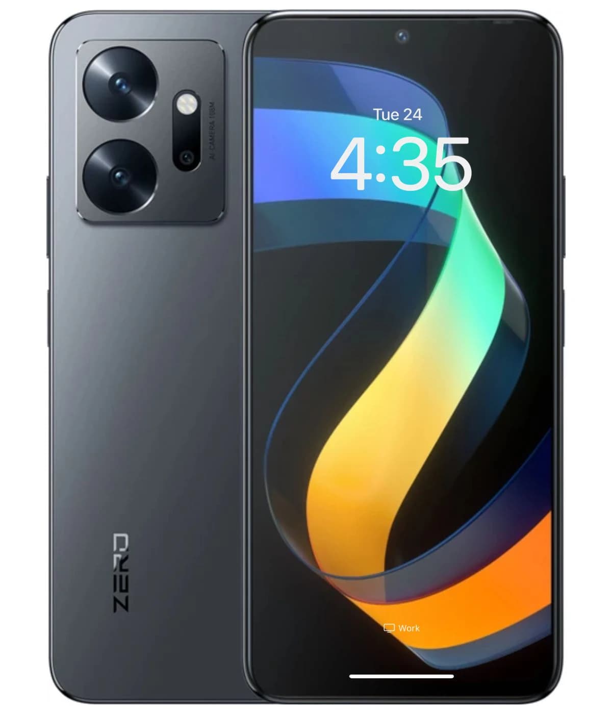 Infinix Zero 20 smartphone in gray color featuring a dual-camera setup on the back, sleek design, and vibrant display showing the time. The device is positioned against a plain background, highlighting its modern aesthetics.