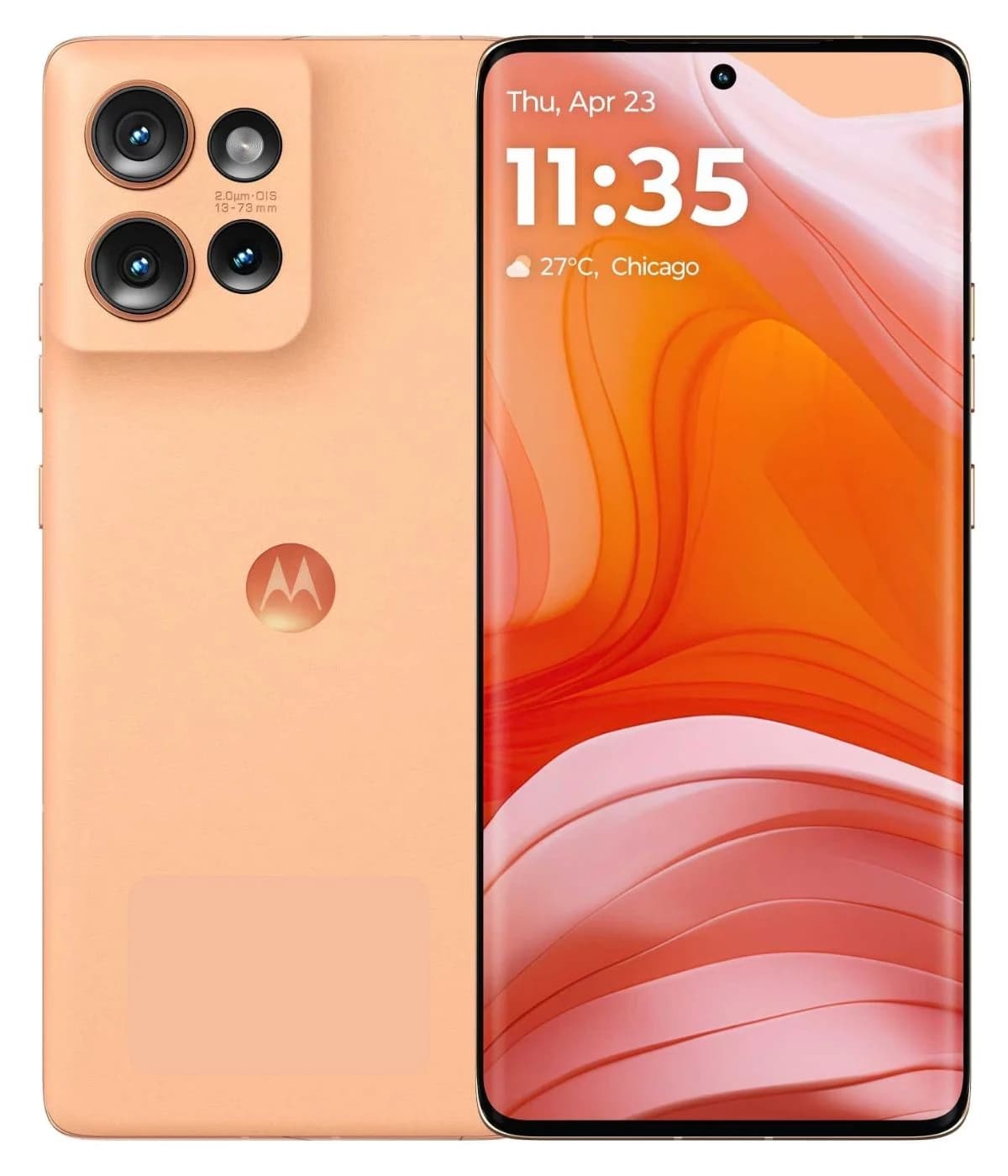 Motorola Edge 50 smartphone in a soft peach color featuring a sleek design, triple camera setup, and vibrant display with a warm orange background. The device showcases a modern aesthetic with rounded edges and a prominent Motorola logo.