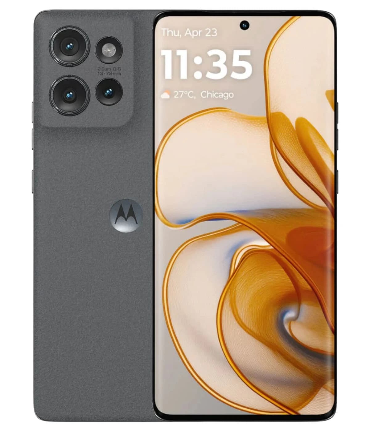 Motorola Edge 50 smartphone featuring a sleek gray design, triple rear camera setup, and a vibrant display showing the time and weather. The device has a modern aesthetic with rounded edges and a premium finish.