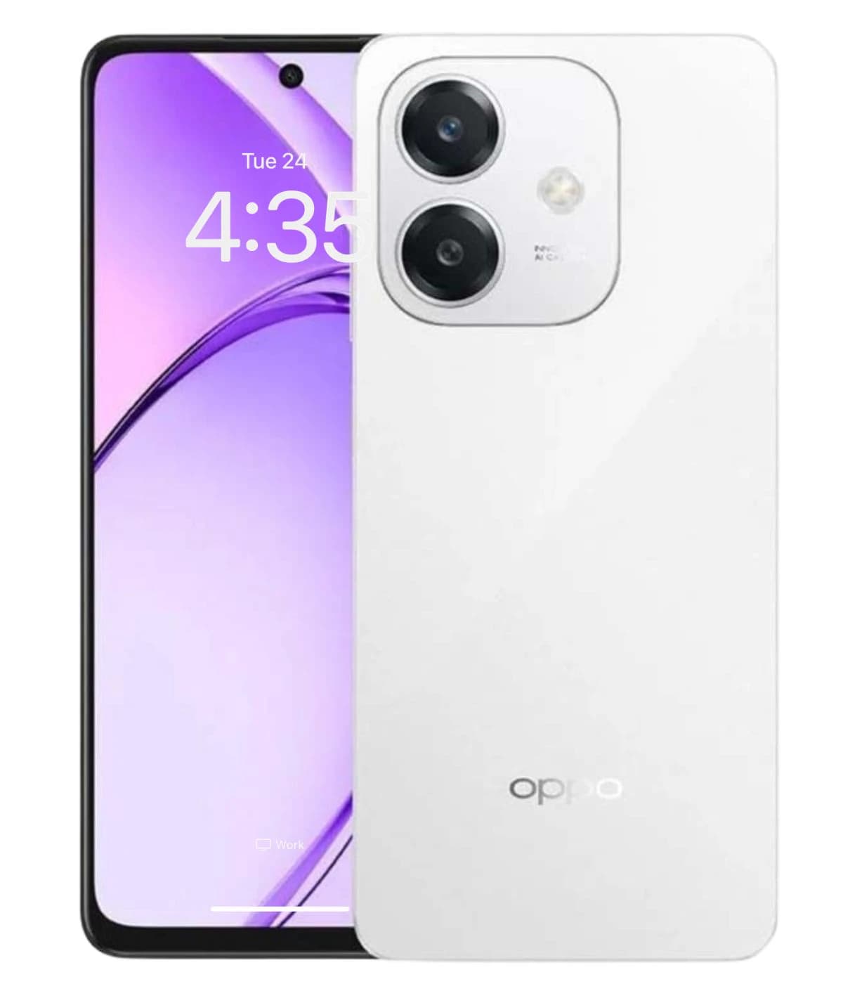 Oppo A3x smartphone in sleek white finish, featuring dual rear cameras and a vibrant display with a purple background. The device showcases a modern design with a glossy back and minimal bezels.