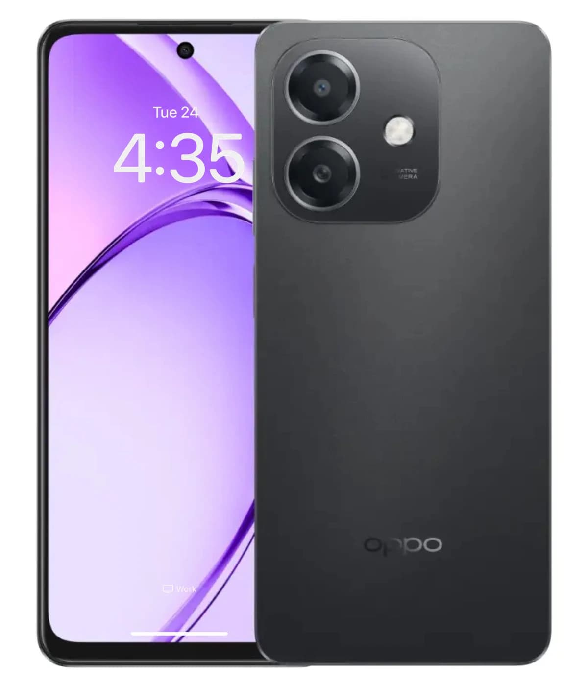 Oppo A3x smartphone featuring a sleek black design, dual rear cameras, and a vibrant purple display. The front showcases a modern edge-to-edge screen with a centered front camera, ideal for photography enthusiasts.