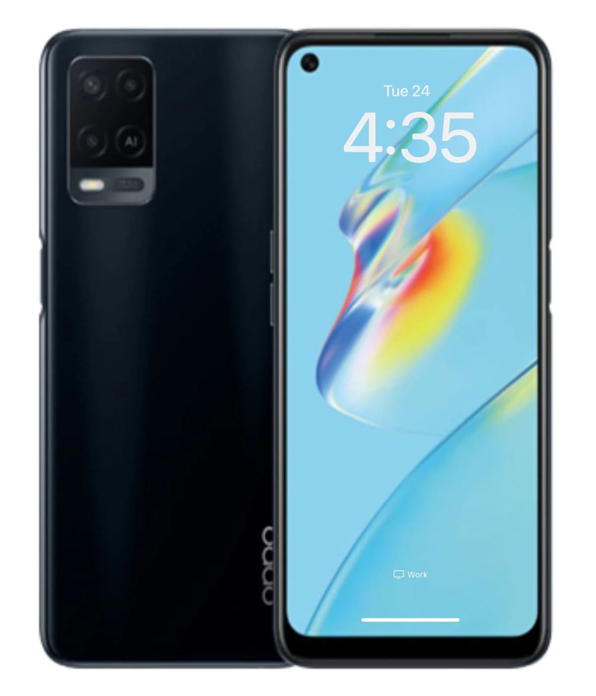 Oppo A54 smartphone in black color featuring a sleek design, 6.51-inch display, and triple rear camera setup. The screen shows a vibrant blue interface with time displayed. Perfect for tech enthusiasts.
