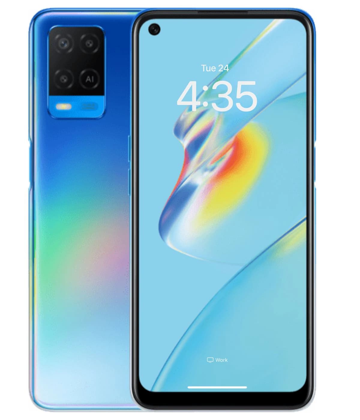 Oppo A54 smartphone featuring a vibrant blue gradient back design and a sleek front display with a punch-hole camera. The screen shows the time and colorful interface, emphasizing its modern style and technology.