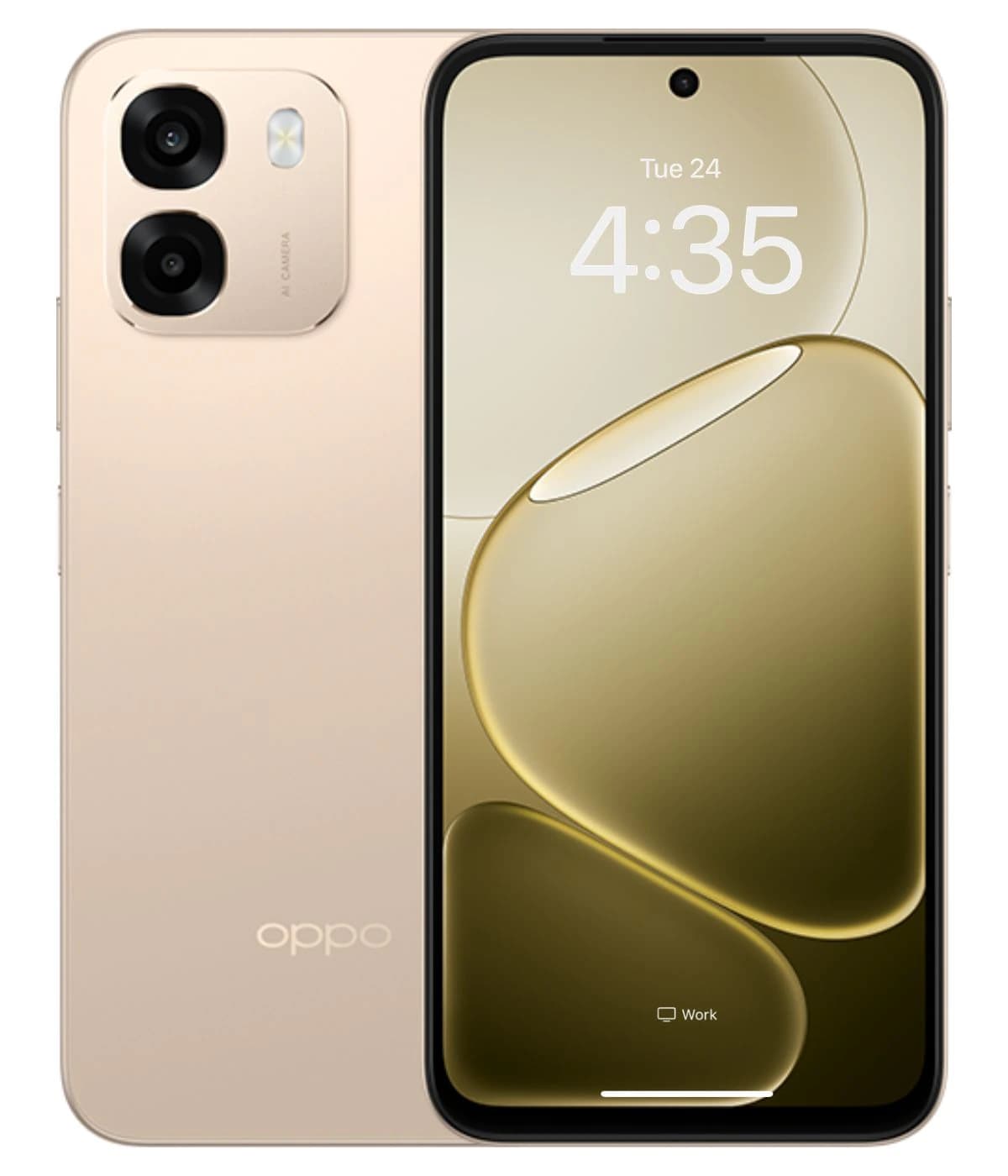 Oppo A6 smartphone in gold color featuring a dual-camera setup on the back and a vibrant display showing the time. The sleek design includes rounded edges and a minimalistic aesthetic, ideal for modern users.