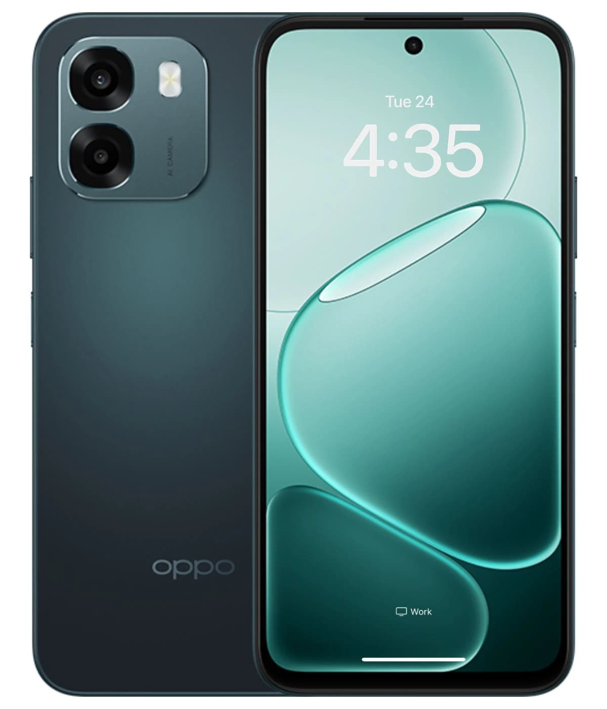 Oppo A6 smartphone in dark blue color featuring a dual-camera setup and a vibrant display showing the time. The sleek design includes a flat front with minimal bezels and a rounded back, ideal for modern users.