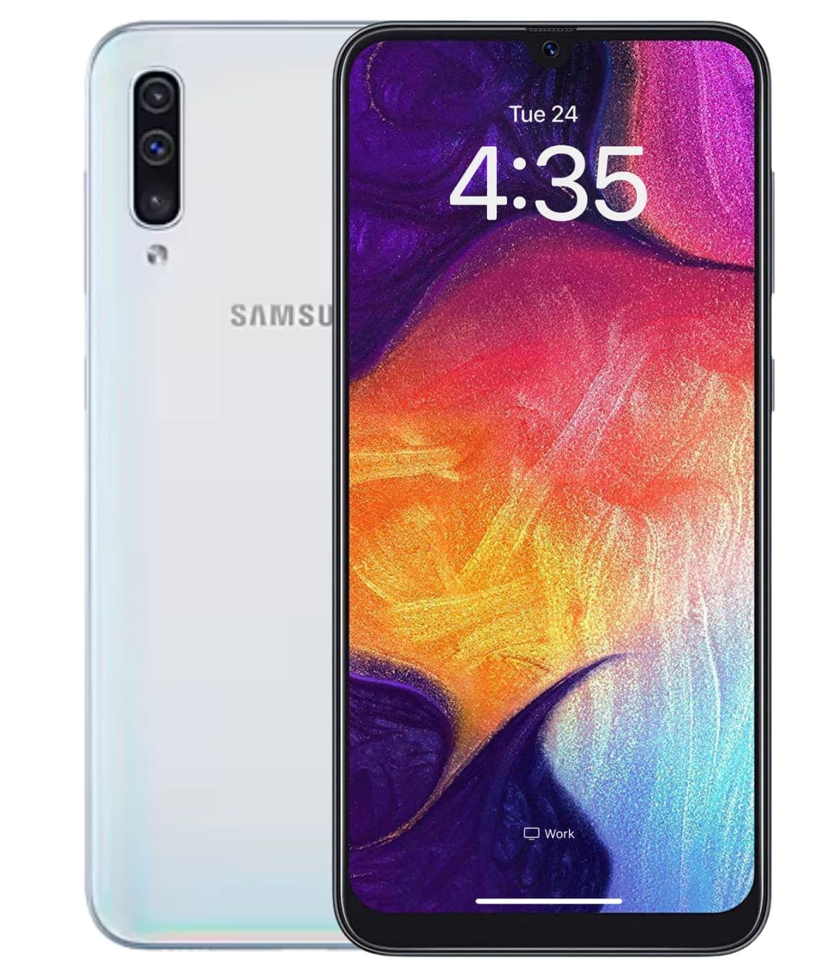 Samsung Galaxy A50 smartphone featuring a vibrant display with a colorful abstract wallpaper, showcasing a sleek white back design with triple camera setup. The device is displayed front and back against a plain background.