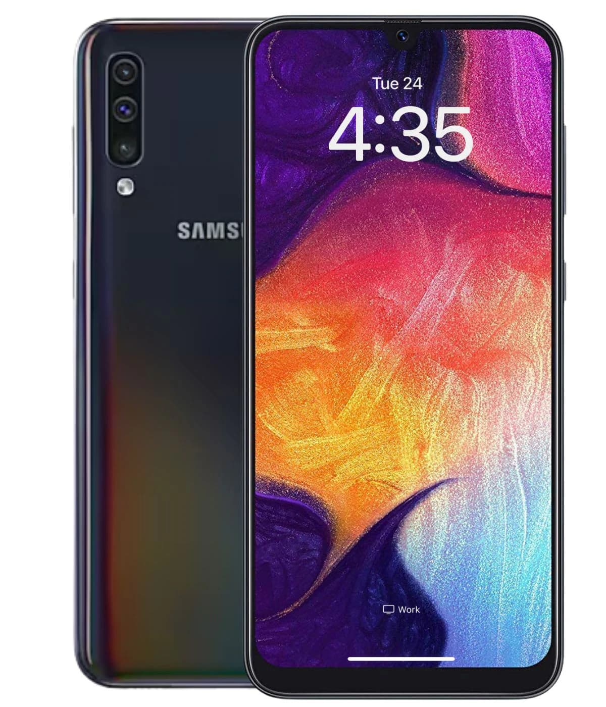 Samsung Galaxy A50 smartphone featuring a vibrant display with a colorful abstract background, sleek black design, and triple rear camera setup. The device showcases a modern aesthetic with a front view highlighting its edge-to-edge screen and…