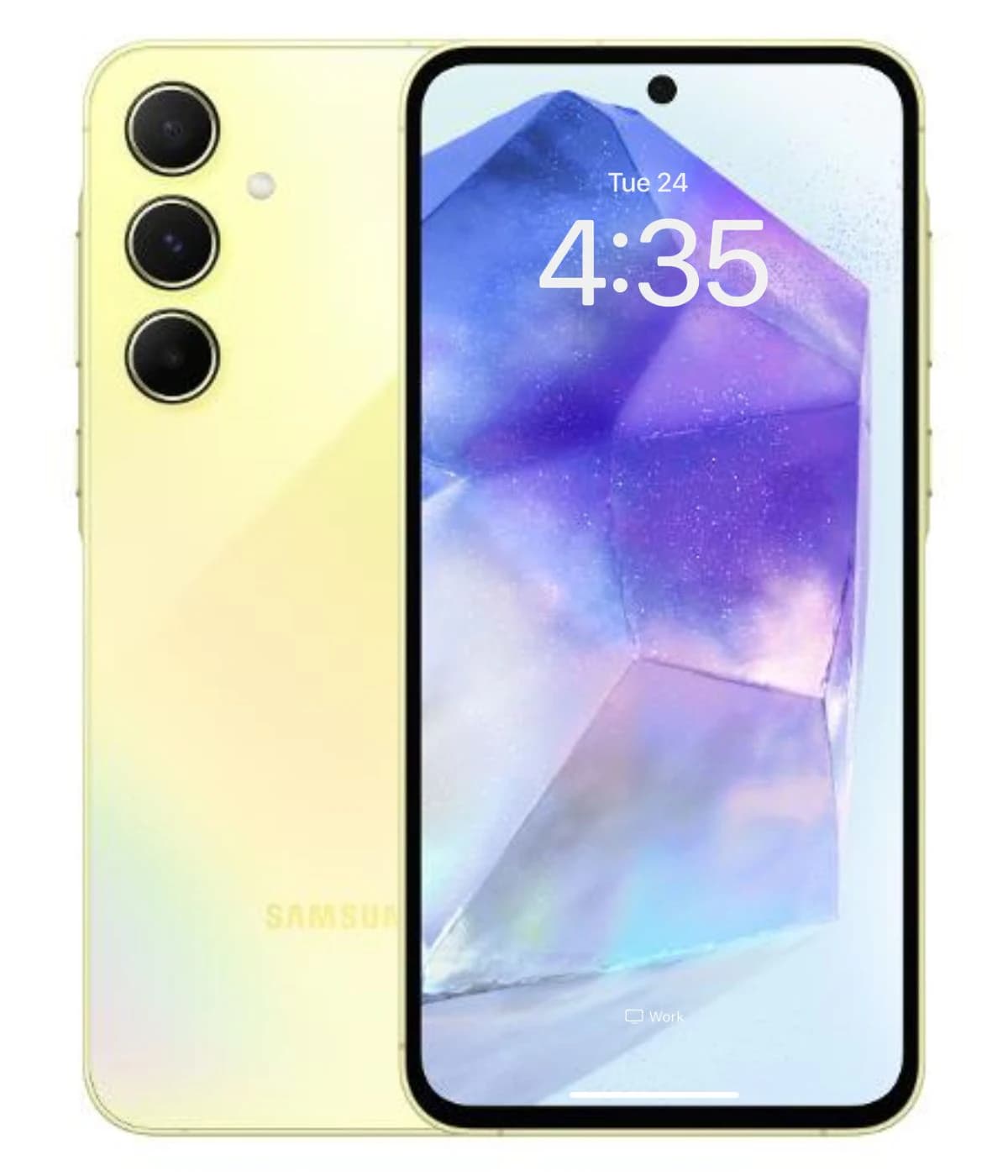 Samsung Galaxy A55 smartphone in pastel yellow color, featuring a sleek design with a vibrant display showing a colorful abstract wallpaper. The back showcases a triple camera setup, emphasizing its modern aesthetics.