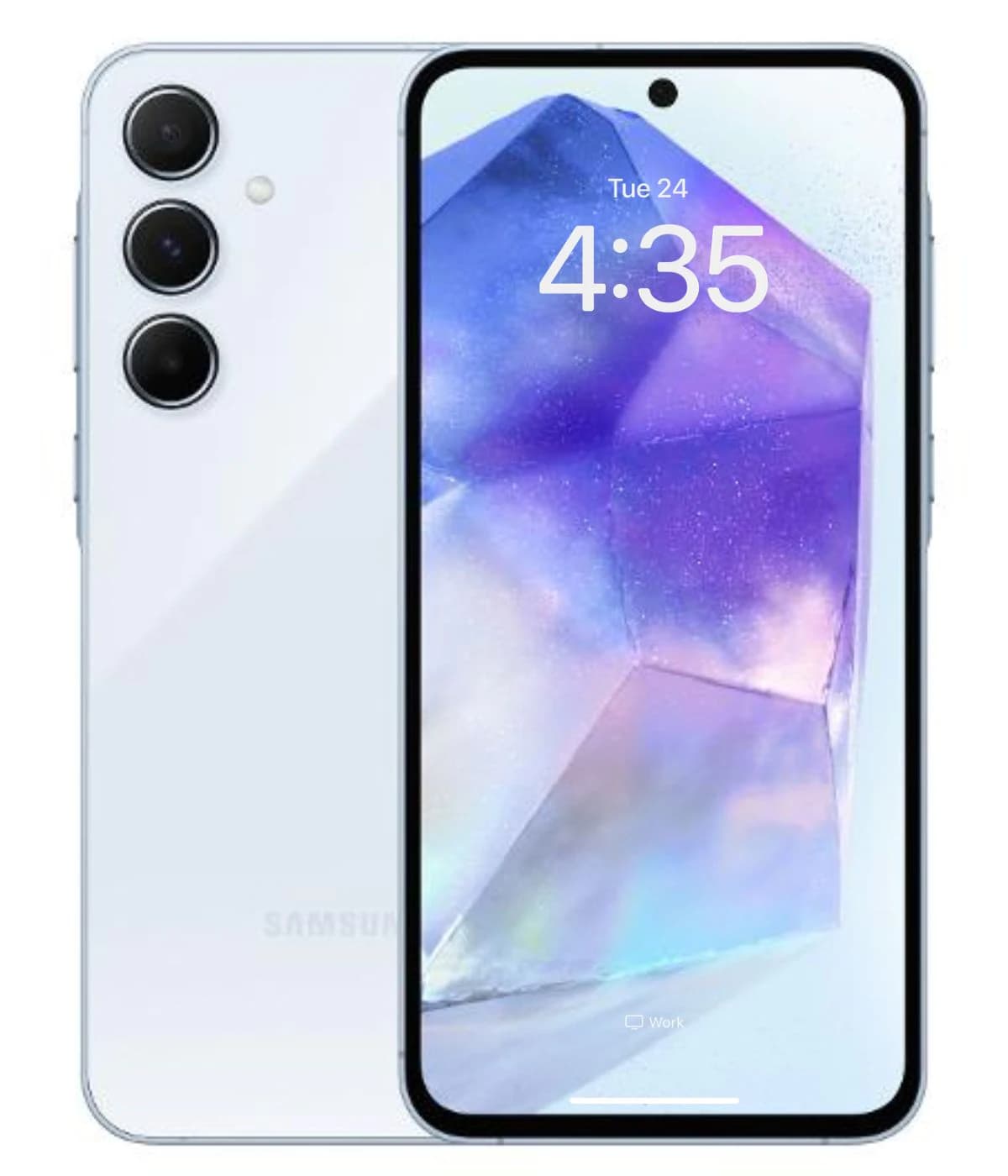 Samsung Galaxy A55 smartphone in light blue color featuring a sleek design, triple rear camera setup, and vibrant display showcasing a colorful abstract wallpaper. The device is shown from the front and back, highlighting its modern aesthetics.