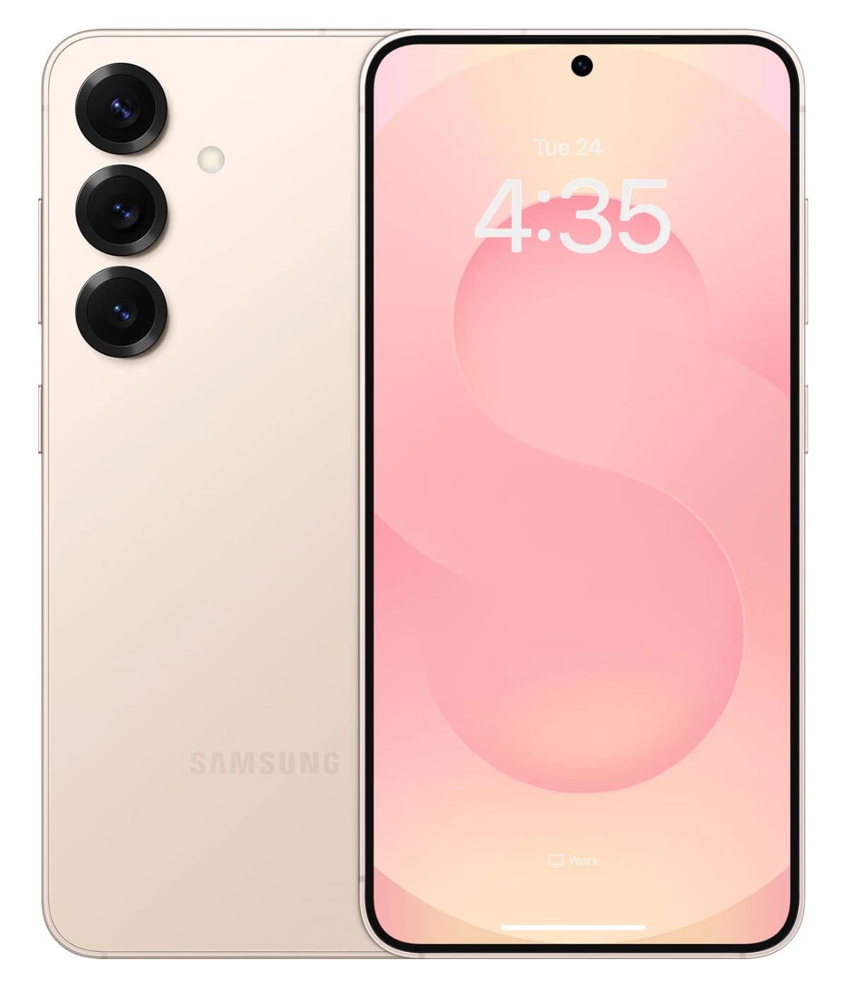 Samsung Galaxy S25 Plus smartphone in a sleek beige finish, featuring a vibrant display with a pink background and three rear cameras. The device showcases a modern design with a minimalistic aesthetic, perfect for tech enthusiasts.