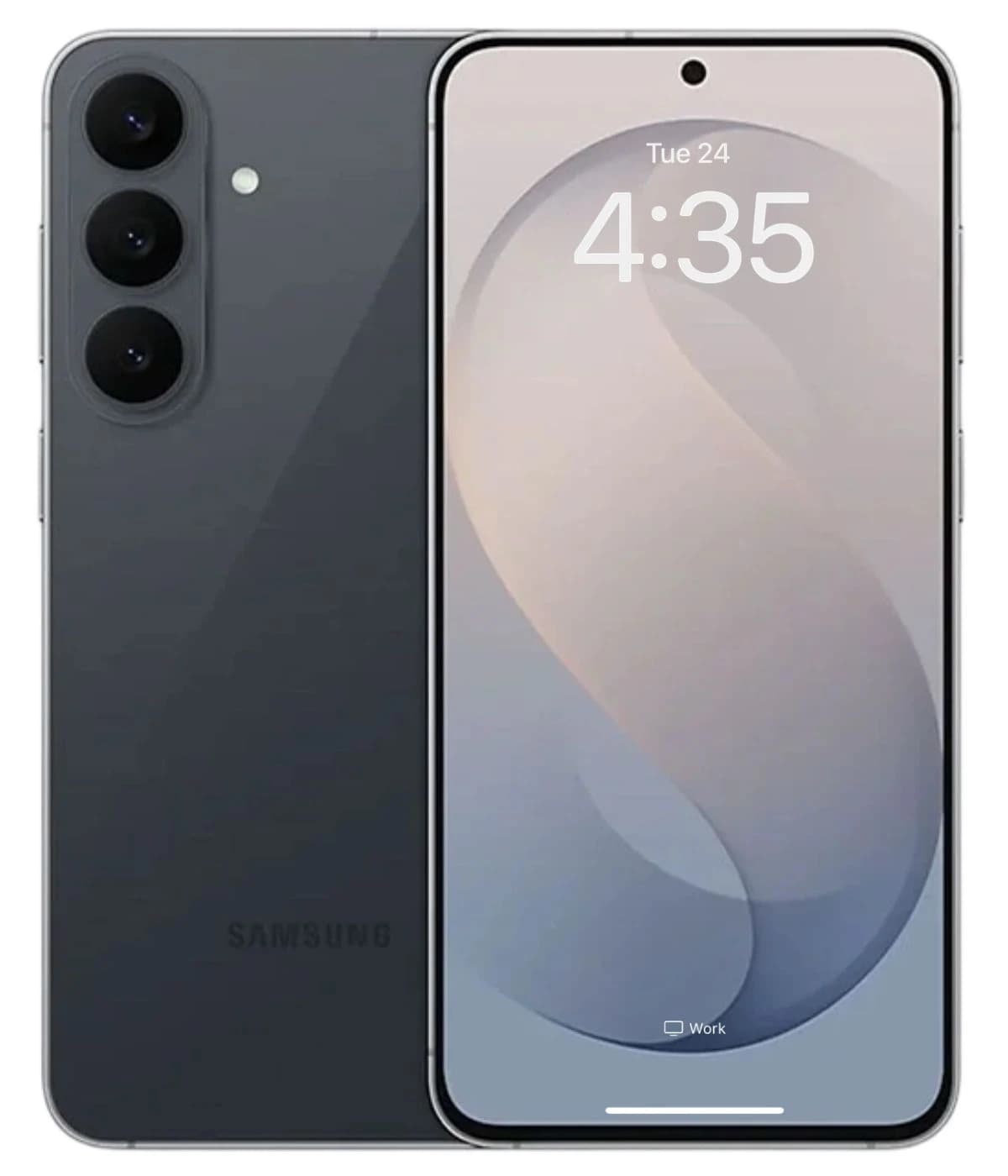 Samsung Galaxy S26 FE smartphone in sleek graphite color, featuring a triple-camera setup on the back and a vibrant display showing the time. The device has a modern design with a slim profile and minimal bezels.