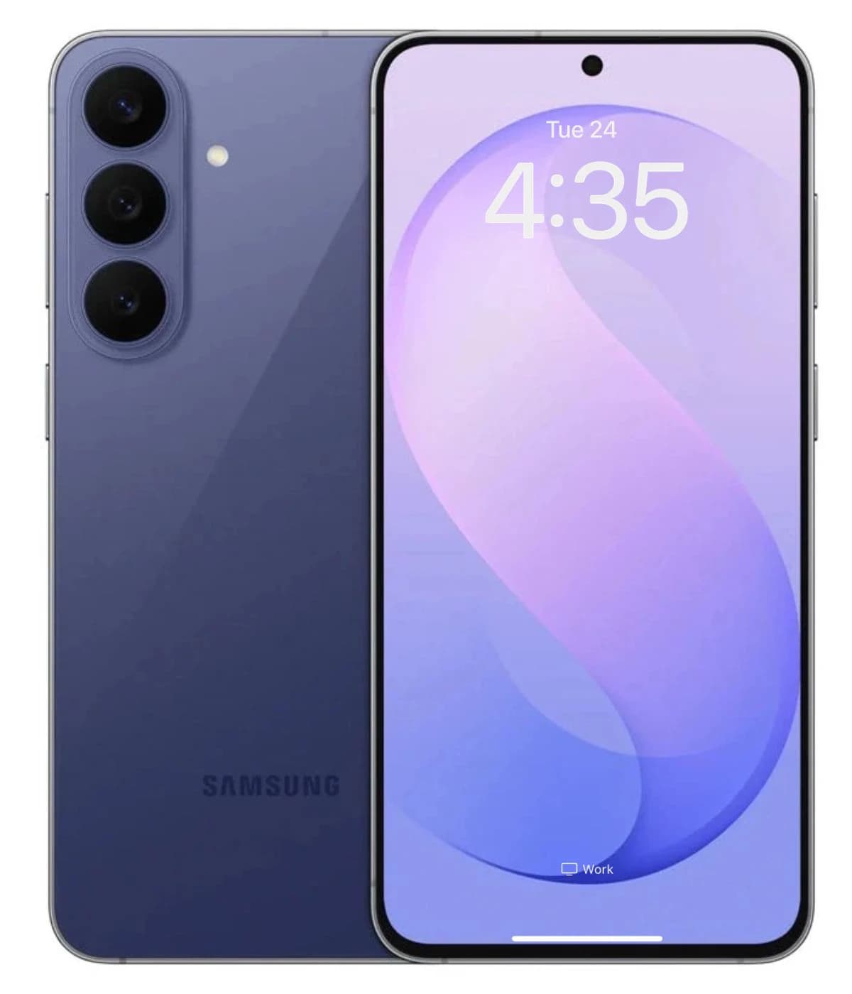 Samsung Galaxy S26 FE smartphone in a sleek dark blue color, featuring a vibrant display with a purple gradient wallpaper. The device showcases a triple camera setup on the back and a minimalistic design with a thin bezel.