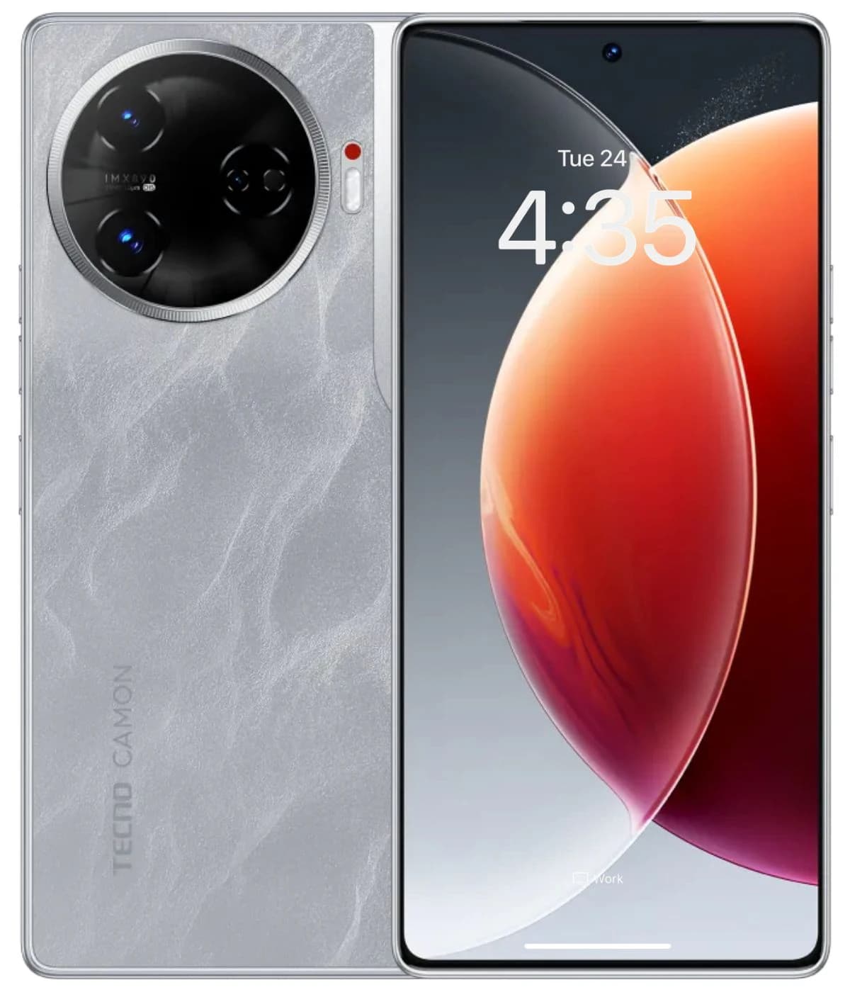 Tecno Camon 30 Pro smartphone featuring a sleek silver design with a textured back, large circular camera module, and vibrant display showing the time. The device is presented in a front view against a plain background.