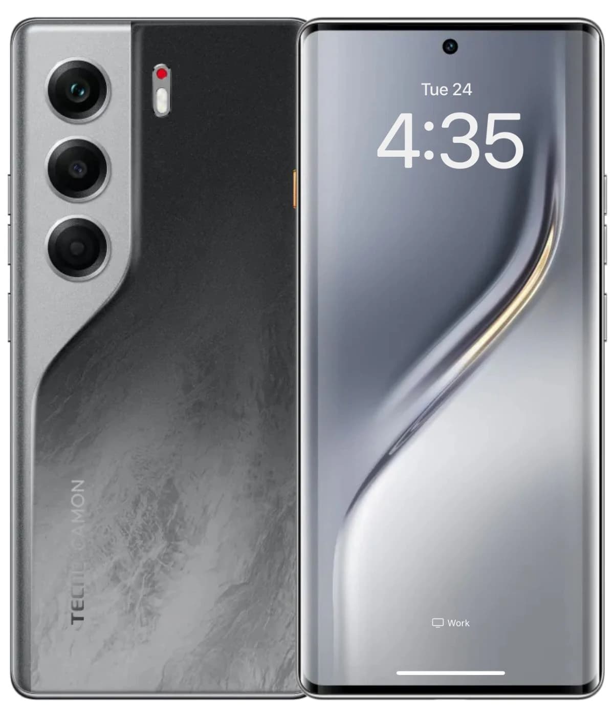 Tecno Camon 40 smartphone featuring a sleek design with a silver and black gradient finish, triple rear camera setup, and a vibrant display showing the time. The device is positioned front-facing with a modern aesthetic.