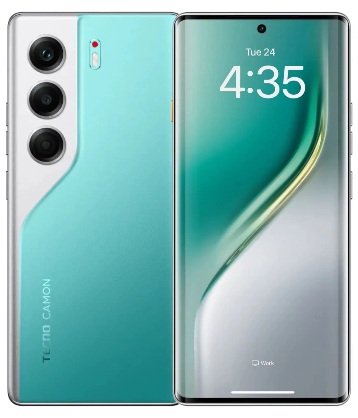 Tecno Camon 40 smartphone featuring a sleek turquoise and silver design, triple rear camera setup, and a vibrant display showing the time. The device showcases a modern aesthetic with a smooth finish.