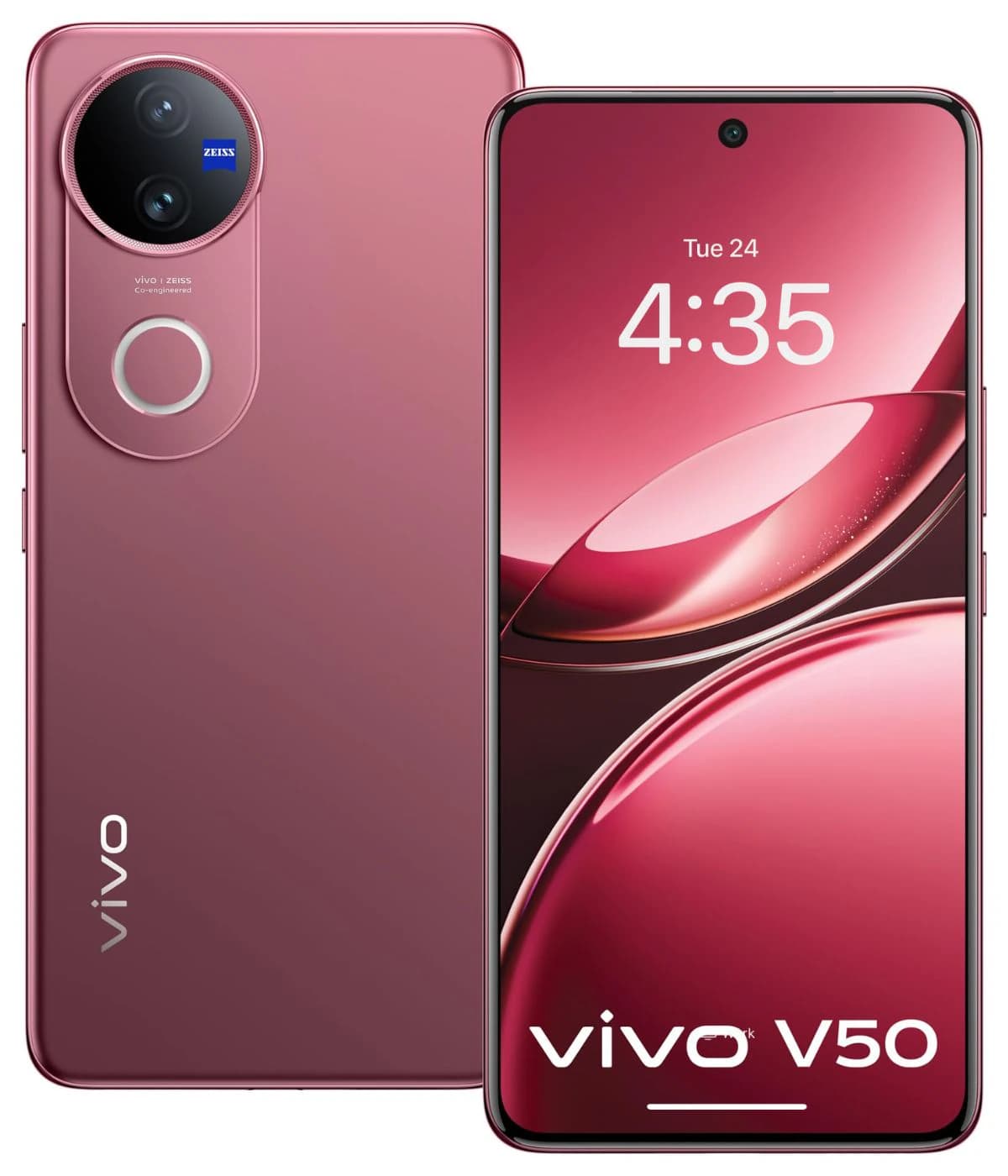 Vivo V50 smartphone in a stunning pink color featuring a dual-camera setup with Zeiss optics, sleek design, and vibrant display showing the time. The device is presented in a front view against a plain background.