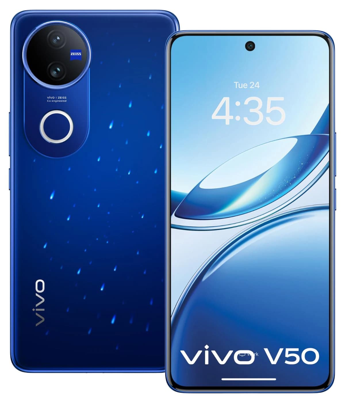 Vivo V50 smartphone featuring a striking blue gradient design, dual rear cameras with Zeiss optics, and a vibrant display showing the time. The device is presented in a front and back view, highlighting its sleek profile and modern aesthetics.