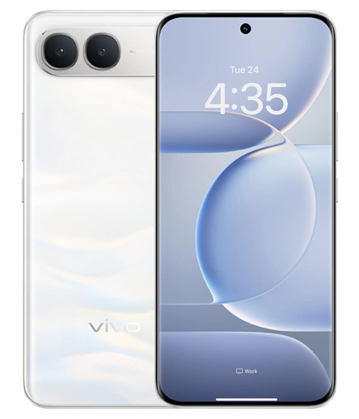 Vivo V80 Lite smartphone featuring a sleek white design with a glossy finish, dual rear cameras, and a vibrant display showing the time. The phone is positioned front-facing with a minimalistic aesthetic.