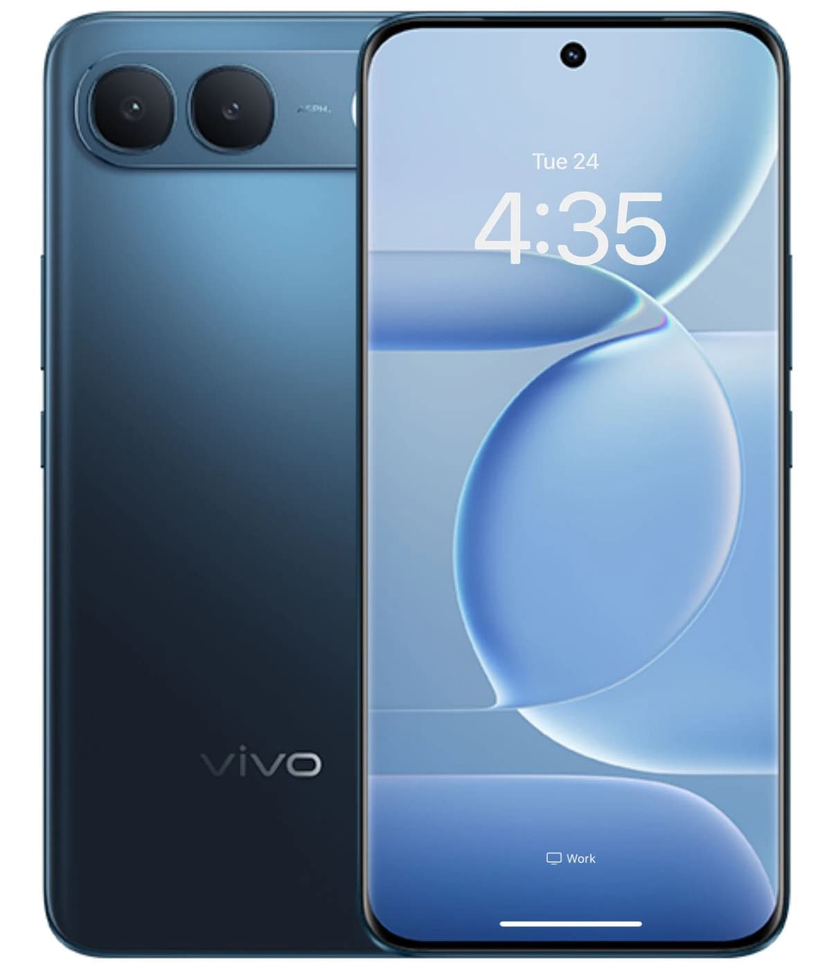Vivo V80 Lite smartphone in a sleek blue finish featuring a dual-camera setup and a vibrant display showing the time. The device showcases a modern design with rounded edges and a minimalistic aesthetic.