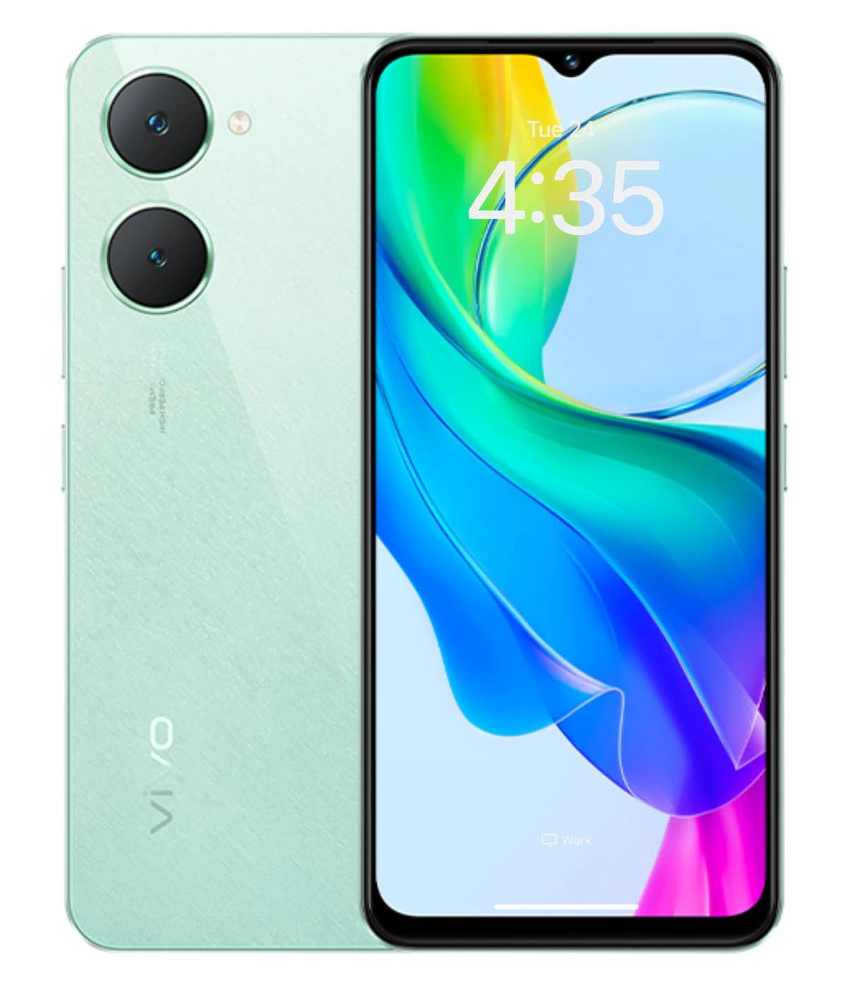 Vivo Y03t smartphone in mint green color featuring a dual-camera setup on the back and a vibrant display. The device showcases a sleek design with a glossy finish and a waterdrop notch for the front camera.