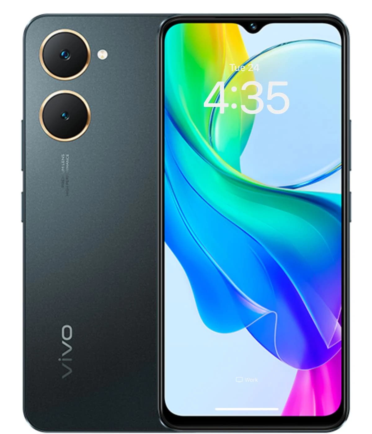 Vivo Y03t smartphone featuring a sleek black design with dual rear cameras and a vibrant display showcasing colorful graphics. The device is shown from the front and back, highlighting its modern aesthetic and user-friendly interface.