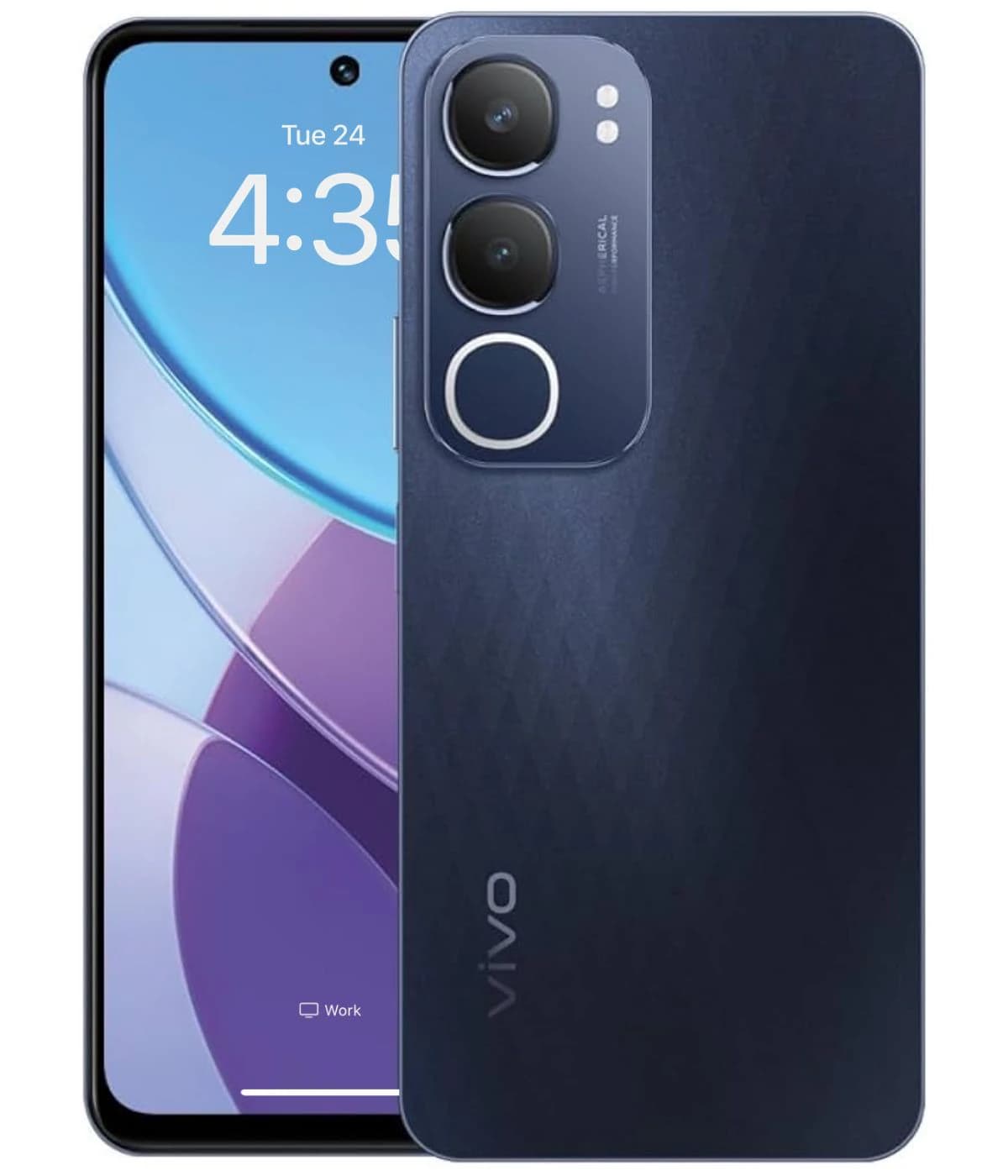 Vivo Y19s smartphone featuring a sleek navy blue design with dual rear cameras and a large display. The screen shows the time and a colorful background, emphasizing its modern aesthetics. Perfect for tech enthusiasts.