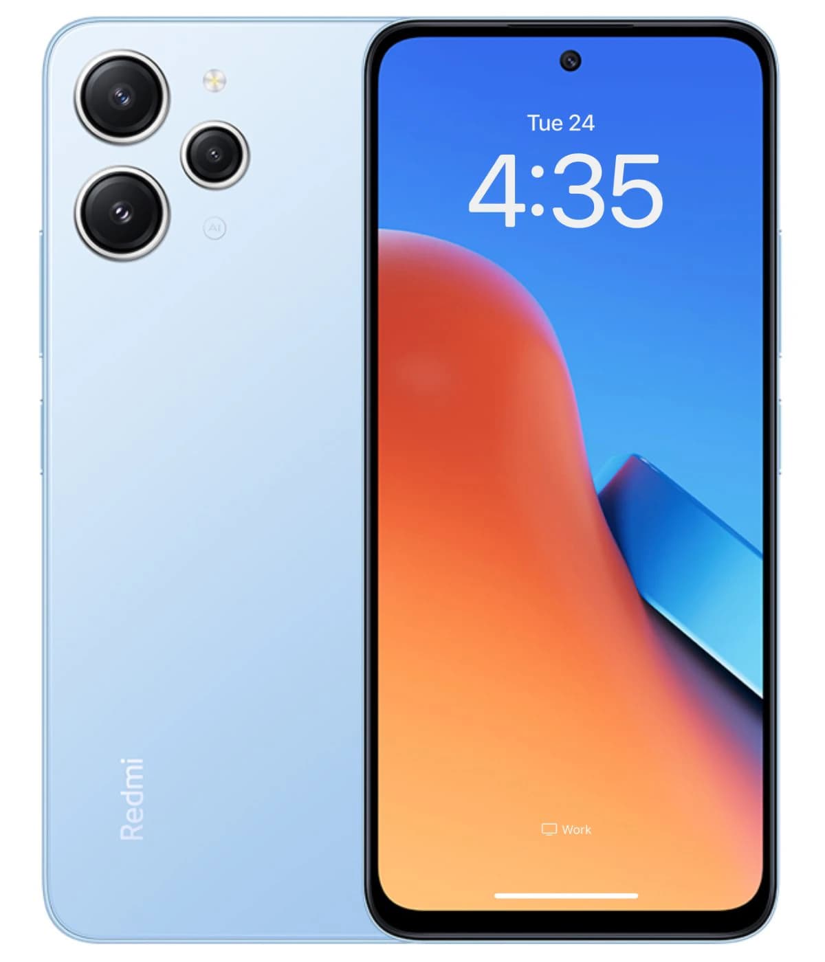 Xiaomi Redmi 12 smartphone in light blue color featuring a sleek design, dual rear cameras, and a vibrant display showing the time. The device is presented in a front view against a plain background.